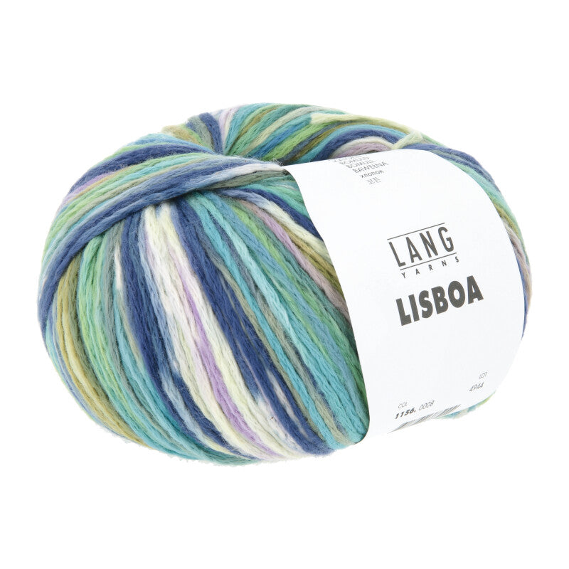 Lang Yarns Lisboa yarn, Green/Marine/Olive/Lavender, colour 0008, ball photograph
