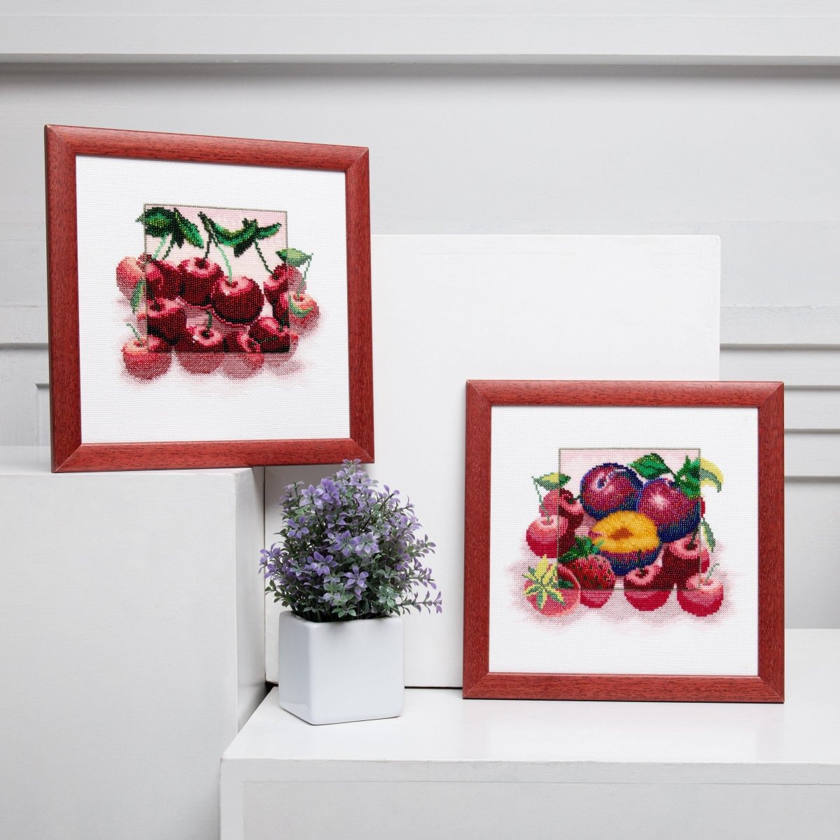 Charivna Mit Fruits mixed technique cross-stitch and beadwork.
