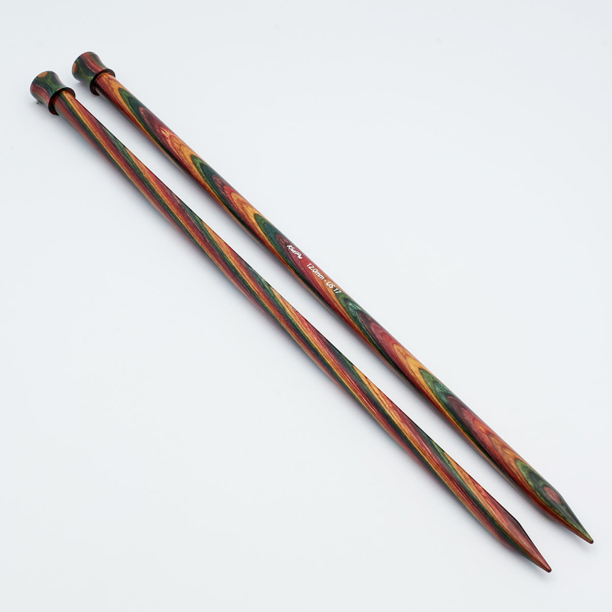 KnitPro Symfonie 2 single pointed knitting needles, 40 cm - Two long knitting needles with a colorful wood grain pattern of green, red, and brown, photographed on a clean white background.