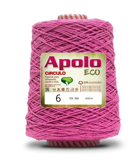 Apolo Eco 4/6 Cotton Cord Yarn – Ideal for Crochet Bags & Home Decor (600g) - Leo Hobby - A large cone of pink crochet thread with a white and red striped top and bottom, featuring a green and gold label with the brand 'Apolo' and product details, isolated on a white background with a soft shadow.
