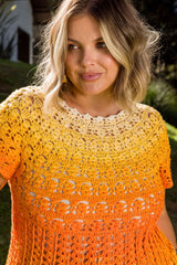 Circulo Prisma - Gradient Cotton Acrylic Yarn, 600m / 150g - Woman wearing a yellow and orange crochet top outdoors