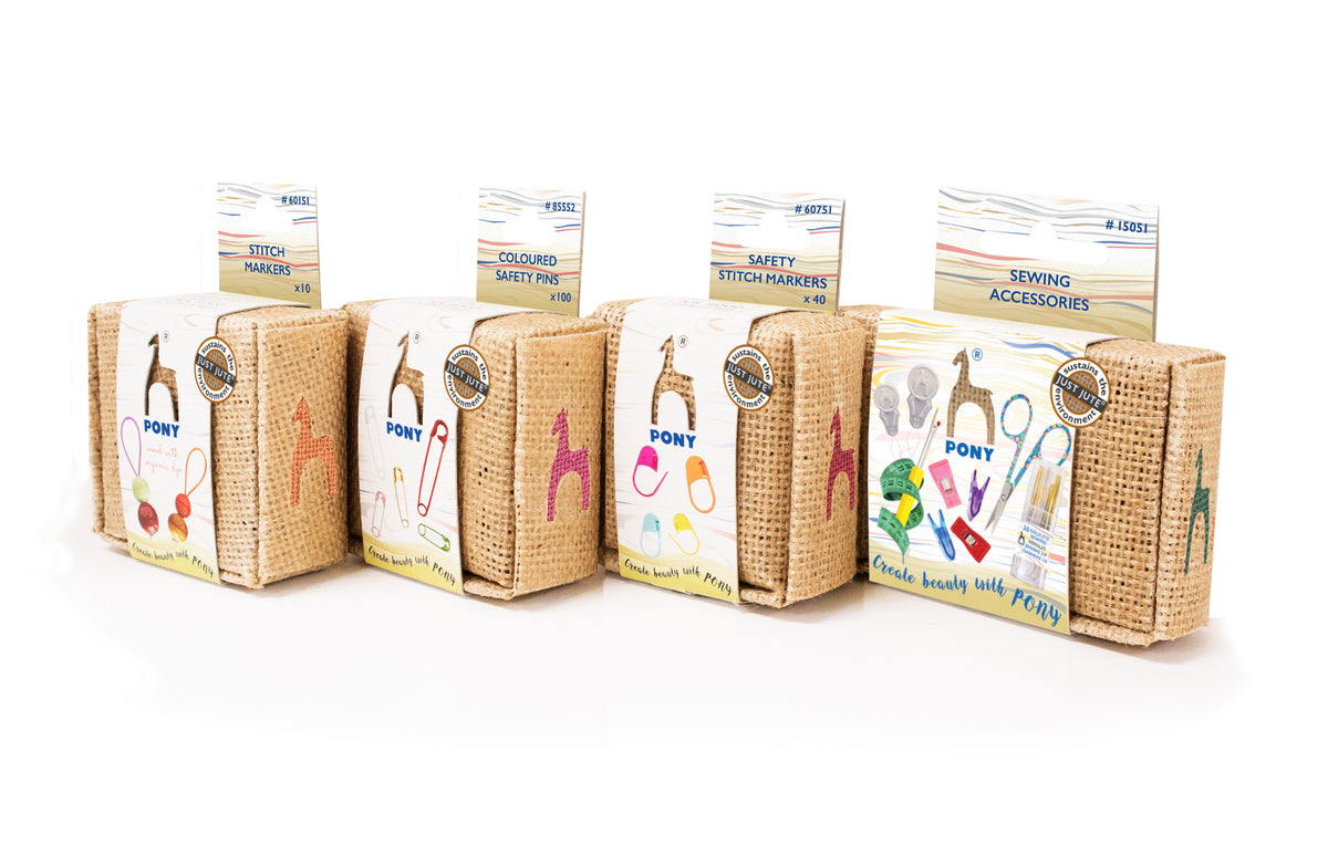 Pony JUST JUTE 39-piece sewing kit in jute box with scissors, tape measure, clips, seam ripper, needles and threaders