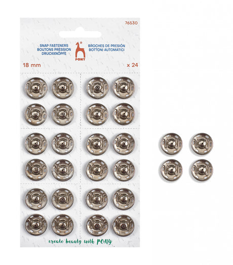 Pony Snap Fasteners, Nickel, No. 10 – 18 mm / 24 pcs
