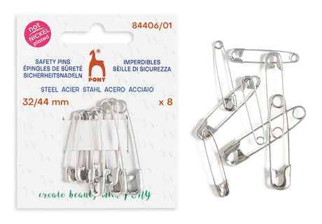 Pack of eight silver safety pins in a white retail blister pack, with four loose pins displayed to the right on a white background.