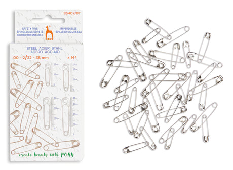 Pack of 144 steel safety pins for sewing, shown next to a pile of the silver-colored metal pins on a white background.