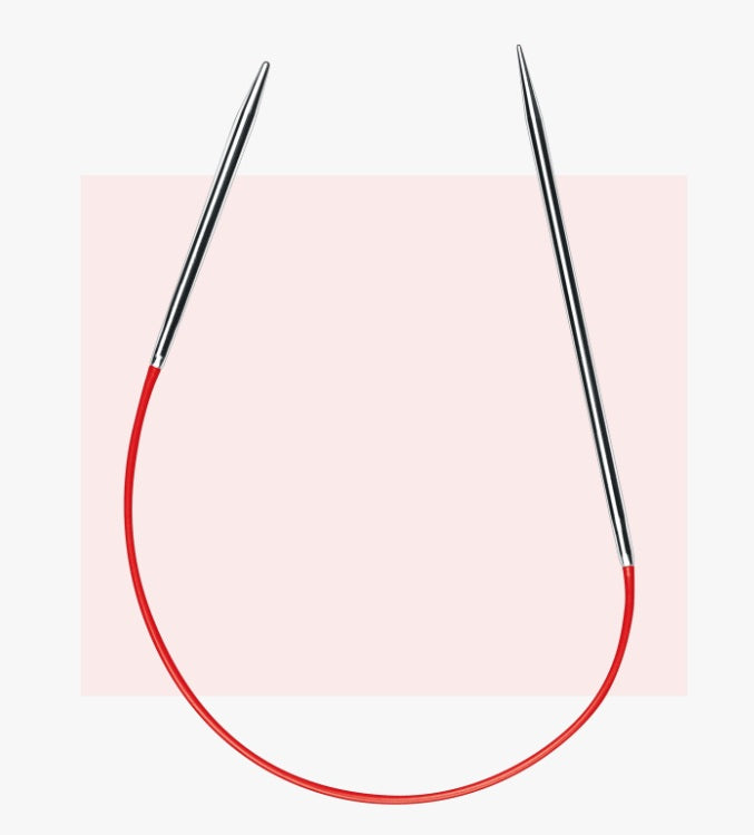 addiSockwonder Lace circular knitting needle 25cm - 710-7 - Red circular knitting needle on a pink background