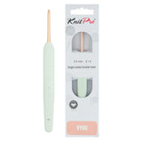 KnitPro Vybe single ended crochet hook in size E/4 (3.5 mm) in a pale mint green color with a rose gold metal tip, shown next to its retail packaging card
