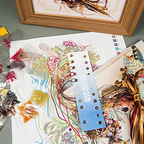 Handcraft kit with tools and beads for DIY Autumn bead embroidery.
